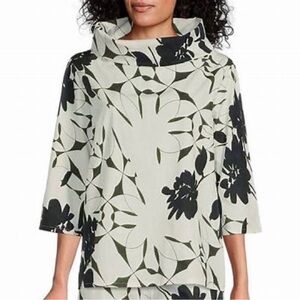 Bryn Walker Etta Fiori Floral Blouse L Funnel Neck 3/4 Sleeve Cotton Green White